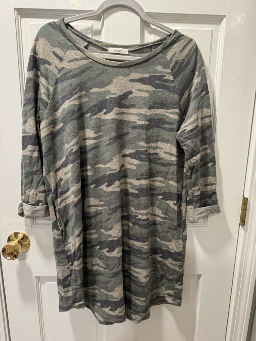 Cherish Camo Midi Dress in Green and Gray - size medium